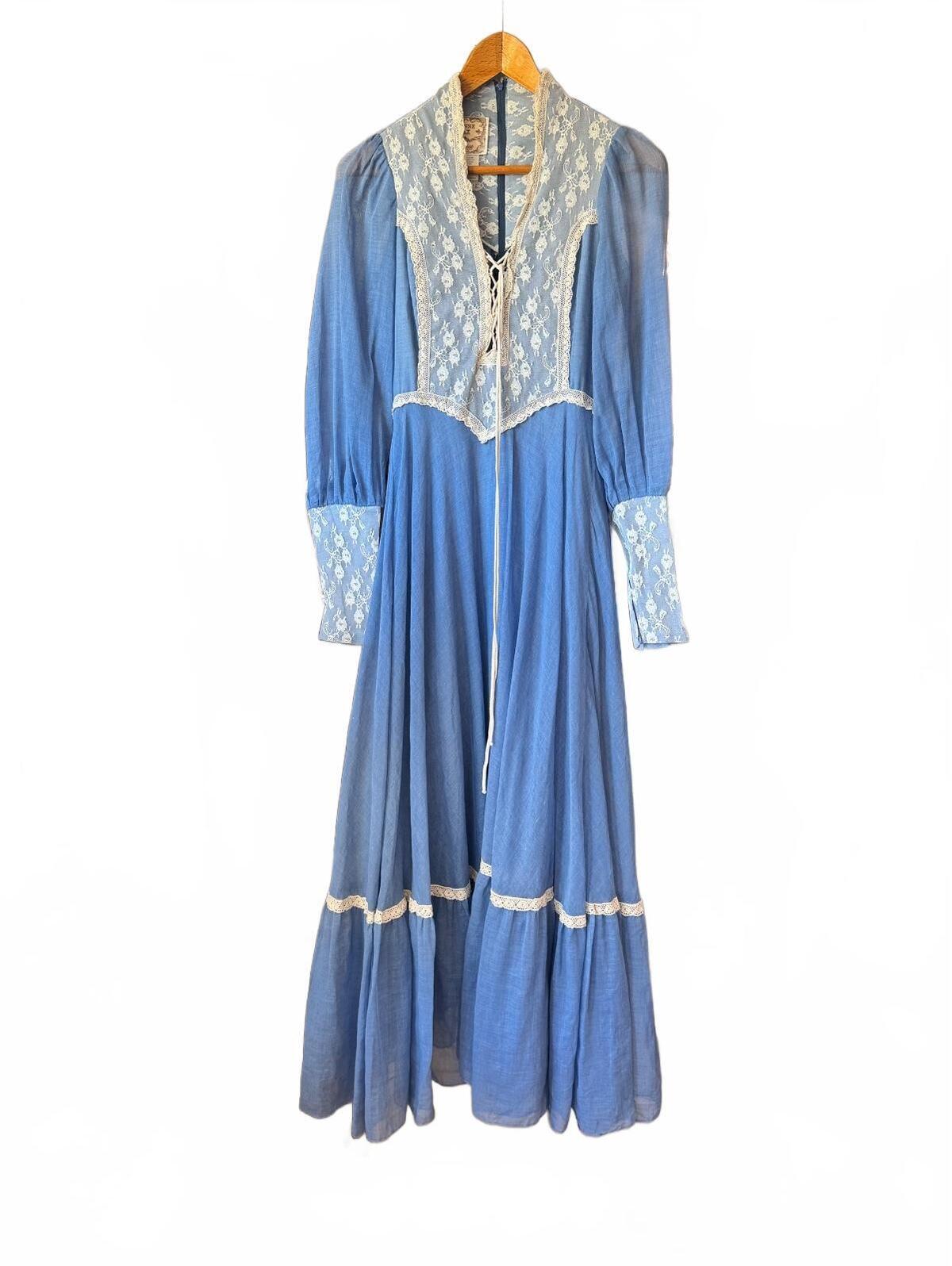 1970s Vintage Gunne Sax Cornflower Blue Lace-Up Maxi Dress Size 11